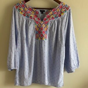 Talbots Plus 1X Embroidered Floral Boho Blouse Blue Peasant Top